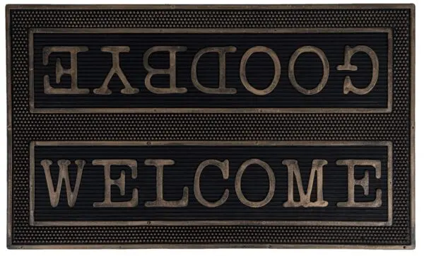 Rubberen deurmat met Welcome / Goodbye in brons